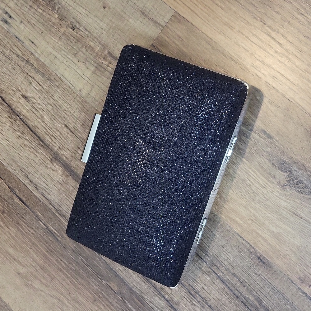 DAMARA Black Silvertone Hard Shell Clutch -used as clutch only strap missing